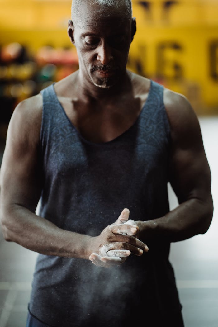 African American man in a gym, applying chalk to hands, readying for a workout.
